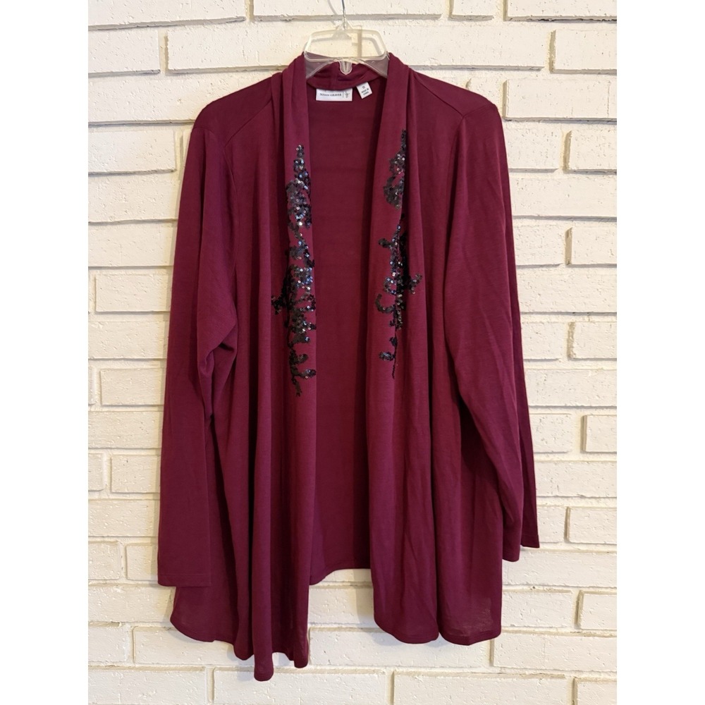 Susan Graver Open Front‎ Sequin Cardigan Long Sleeve Burgundy Size 1X